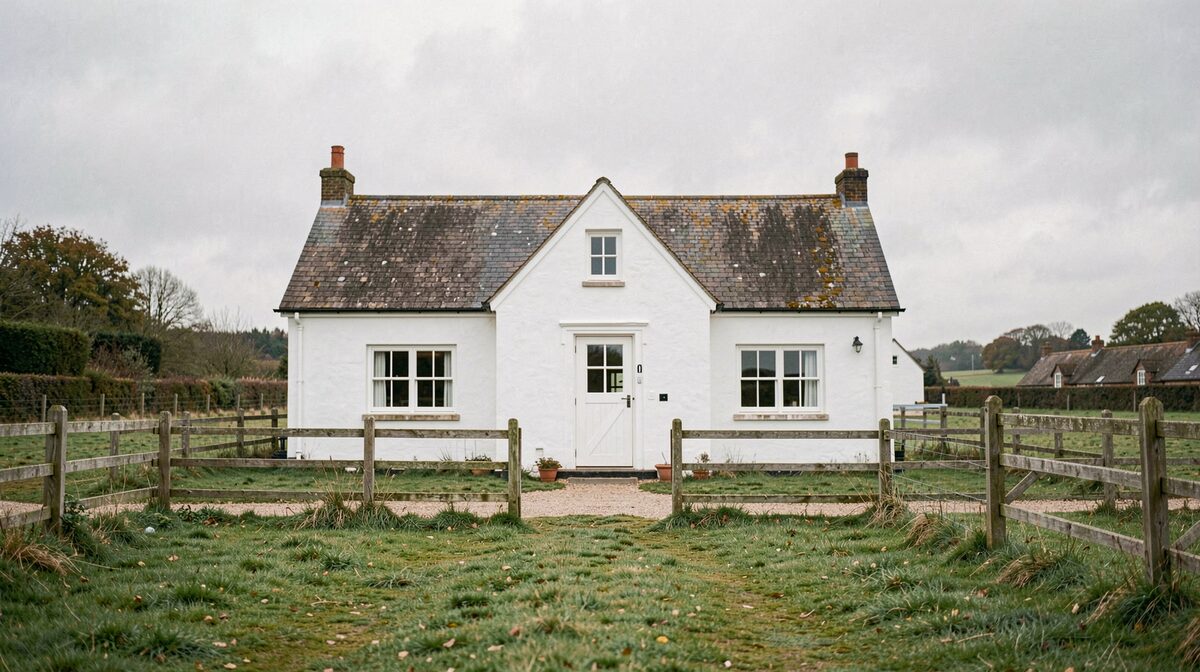 A white farmhouse kennel building in the Brittany countryside on an overcast morning, low fences and grass paddocks in front, shot straight on at eye level.