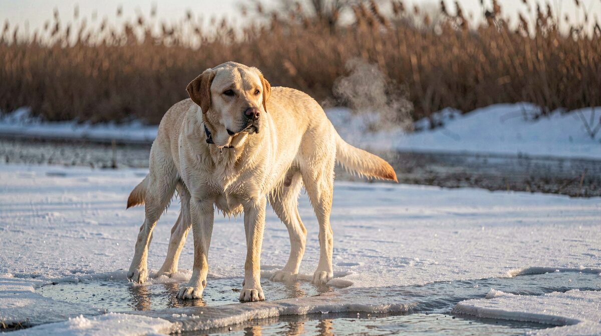 A wet yellow Labrador standing on a frozen slough edge at first light, ice crust on the shallows, cattails behind, the dog's breath visible in cold air, medium shot from a low angle.