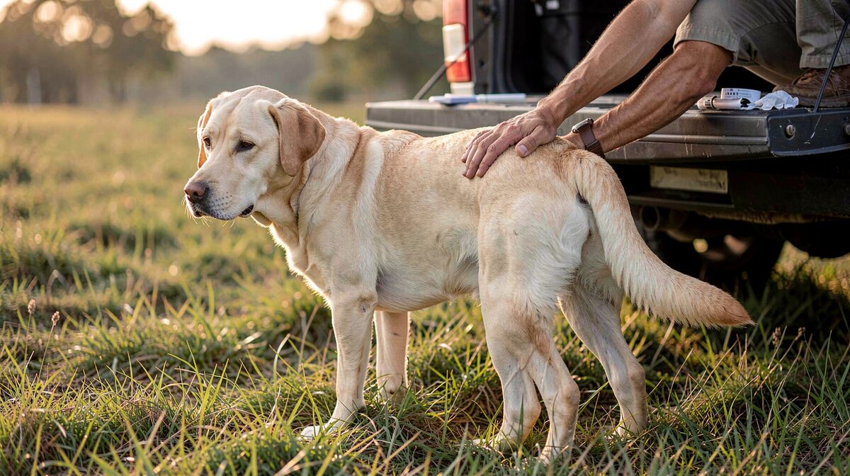 A yellow Labrador stands in short CRP grass at first light, rear legs still, a hunter's hand on its shoulder, a DNA swab kit on the tailgate of a truck behind them.