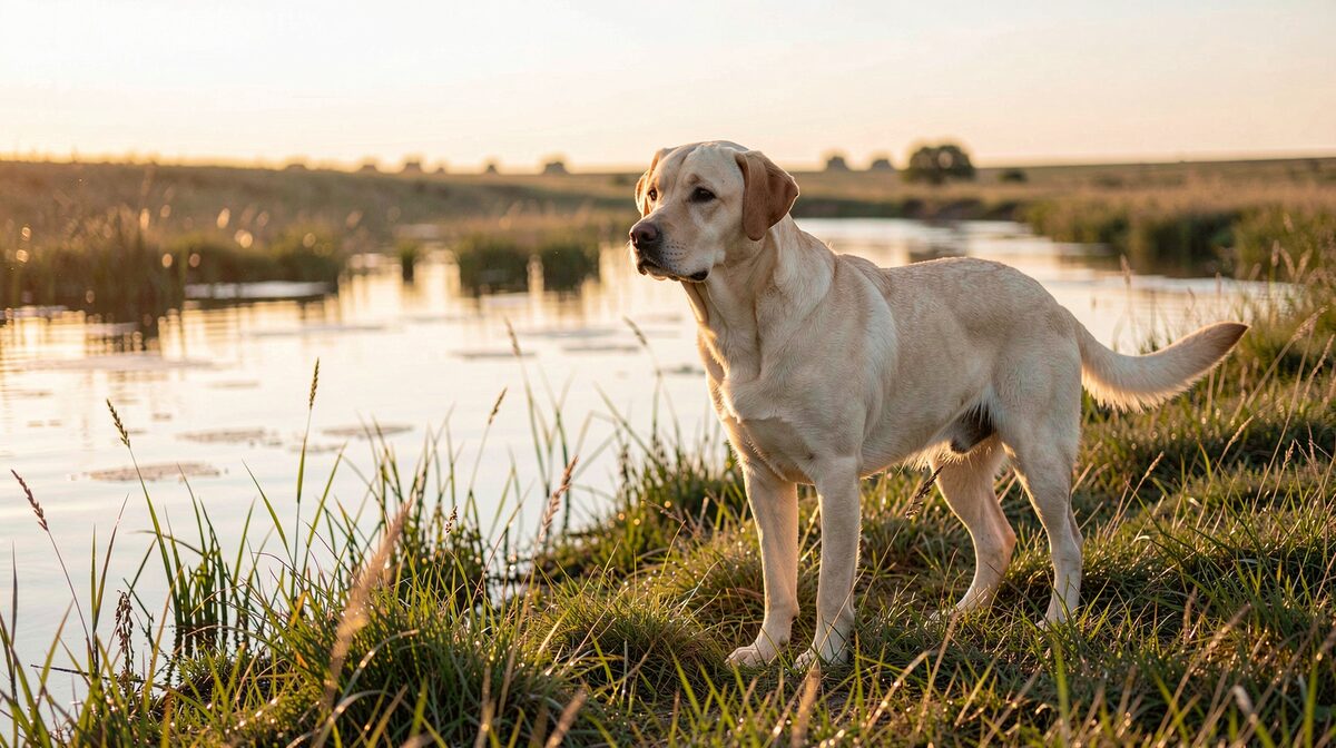 A yellow Labrador retriever standing at the edge of a prairie slough in eastern South Dakota at dawn, wet grass and low golden light across open water, reeds moving in the wind