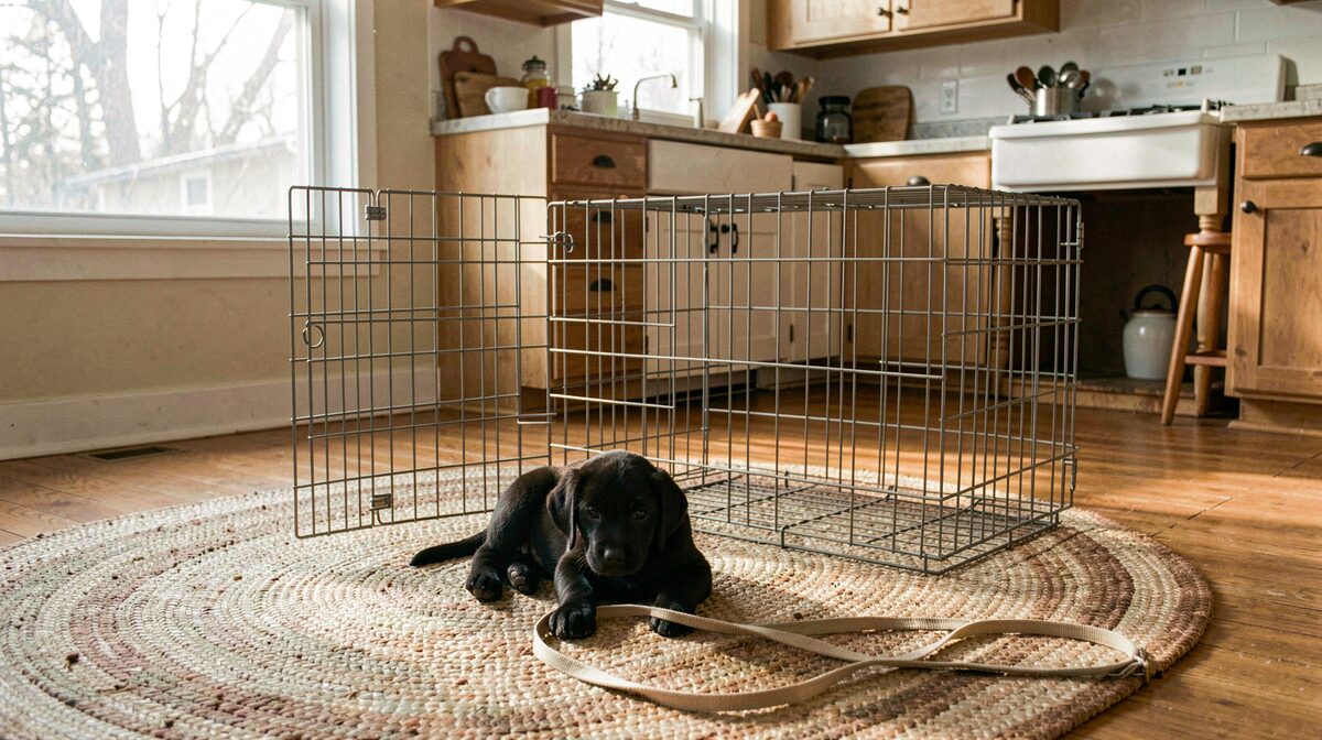 A black Labrador puppy sits on a braided rug beside an open crate in a farmhouse kitchen, late afternoon winter light through a window, leash on the floor, wide shot