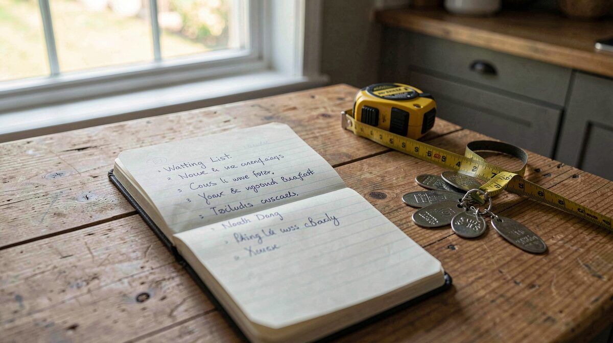 A notebook with handwritten waiting list names on a wooden kitchen table beside a tape measure and dog tags, morning light from a north window, close framing.
