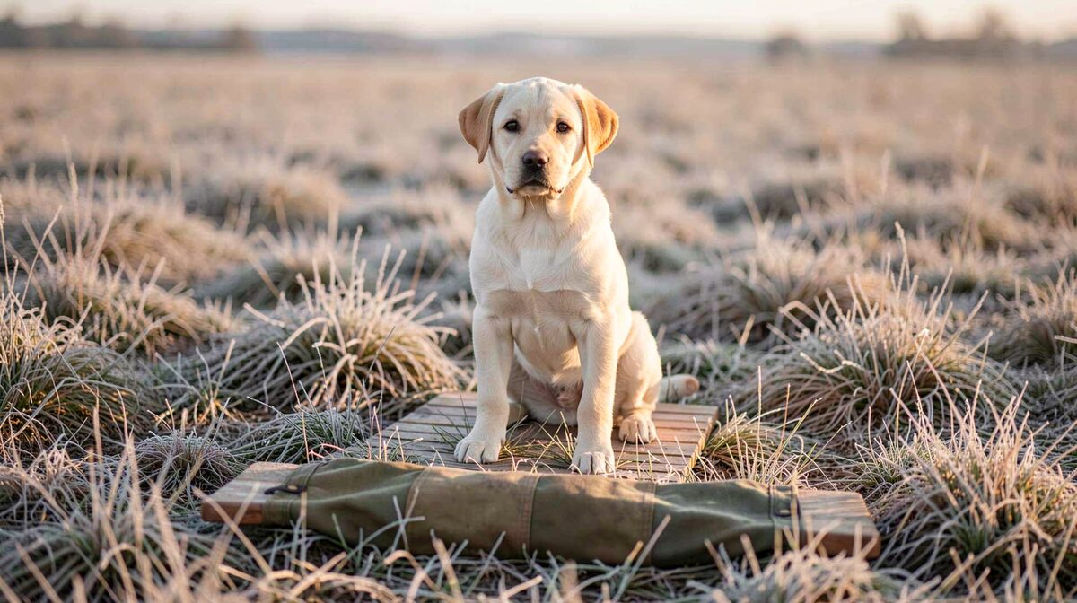 A young yellow Labrador sits on a wooden place board in short prairie grass at first light, a canvas bumper on the ground ten yards ahead, frost on the stubble, camera low and level with the dog's chest.