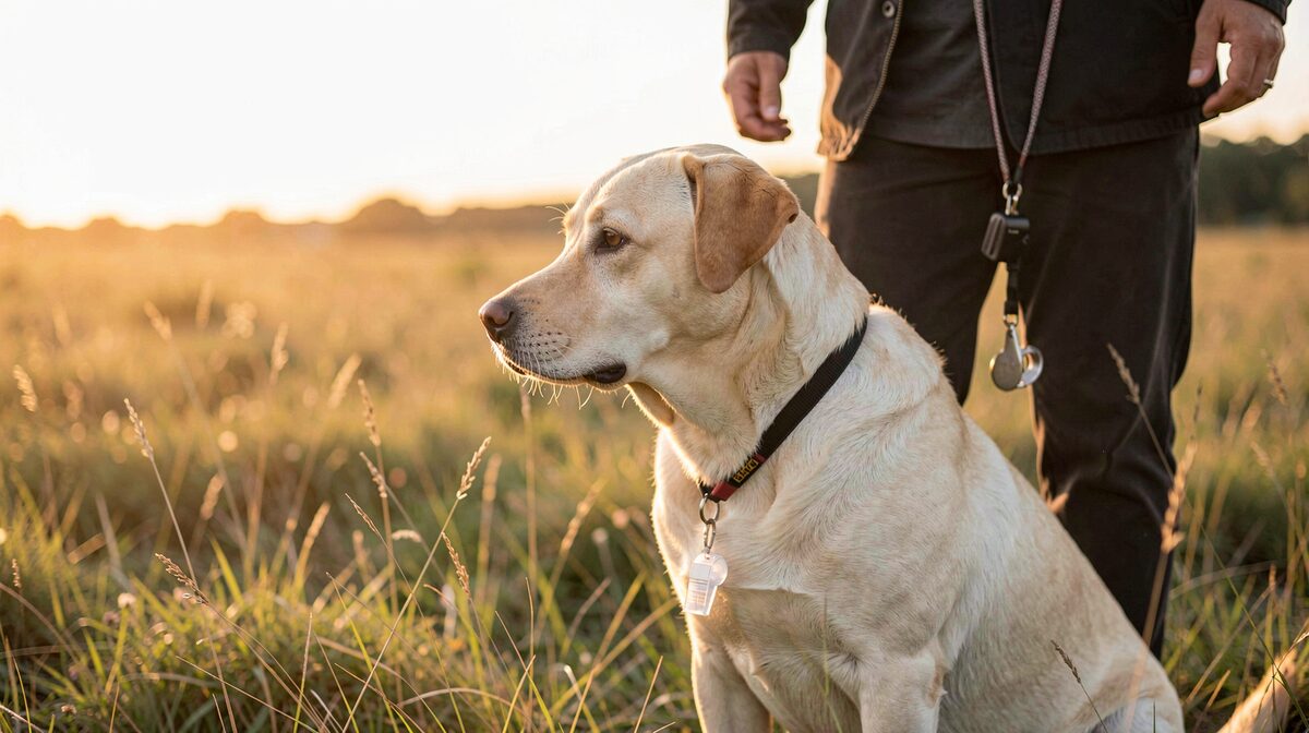 A yellow Labrador sitting in short prairie grass at sunrise, a plastic whistle hanging from a lanyard around a handler's neck, the dog's head turned toward the sound, low golden light from the left, medium shot with the dog in the lower third of the frame.